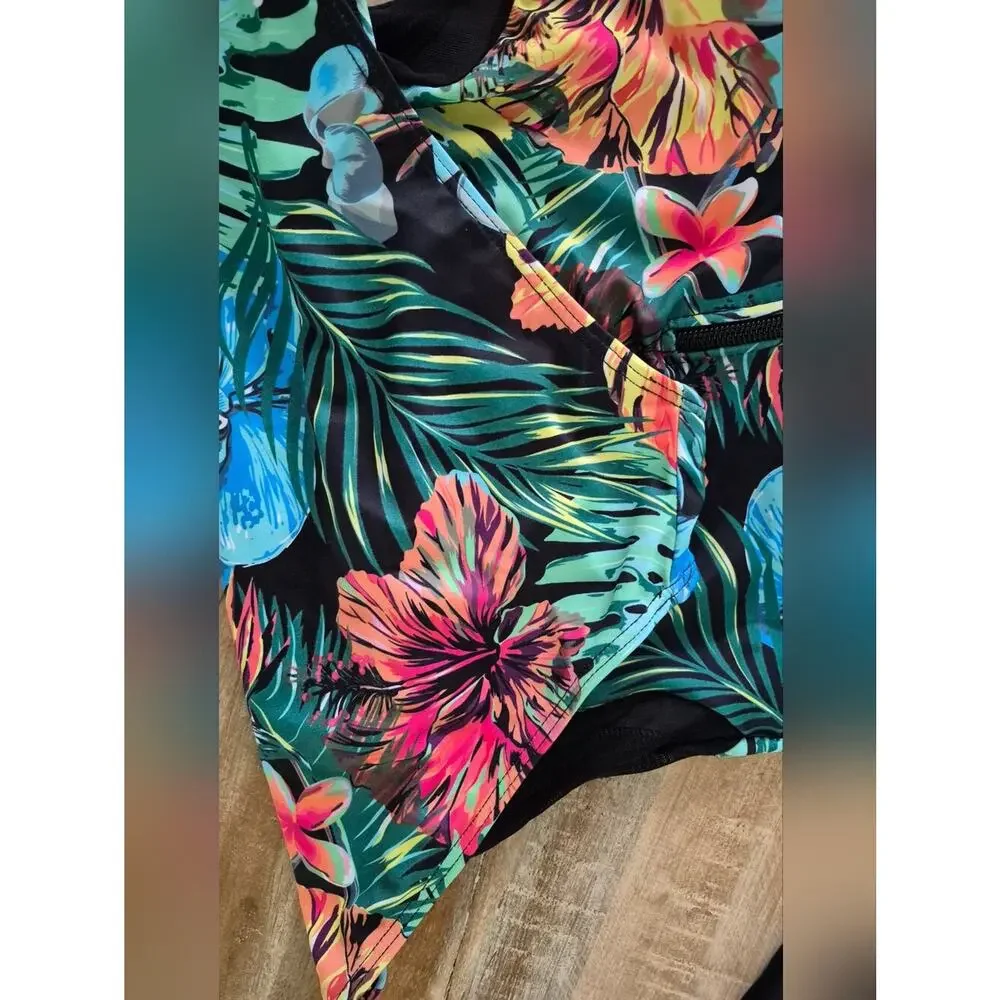 Tropical Mesh Long Sleeve Rash Guard Swimsuit UPF 50+ - L
